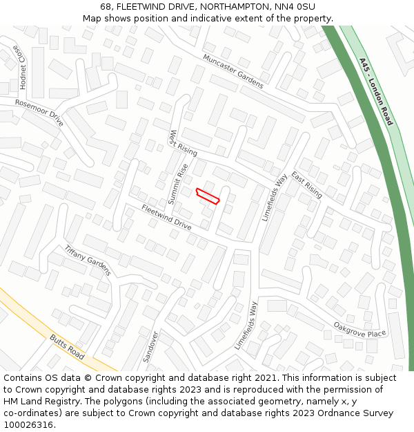 68, FLEETWIND DRIVE, NORTHAMPTON, NN4 0SU: Location map and indicative extent of plot