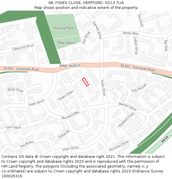 68, FOXES CLOSE, HERTFORD, SG13 7UA: Location map and indicative extent of plot