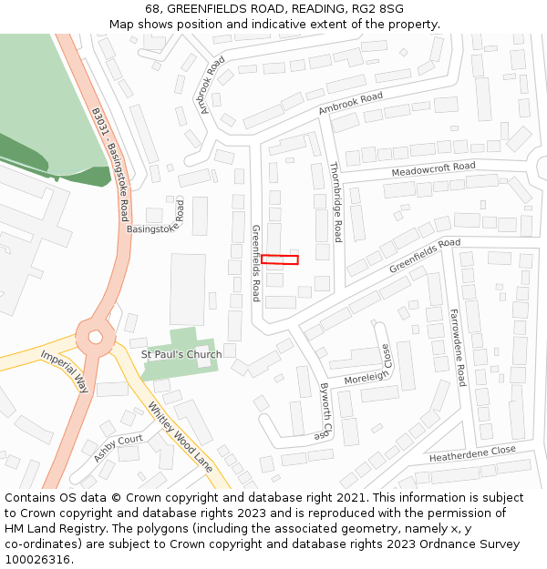68, GREENFIELDS ROAD, READING, RG2 8SG: Location map and indicative extent of plot