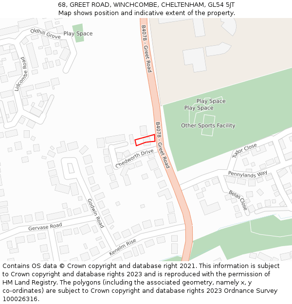 68, GREET ROAD, WINCHCOMBE, CHELTENHAM, GL54 5JT: Location map and indicative extent of plot