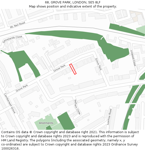 68, GROVE PARK, LONDON, SE5 8LF: Location map and indicative extent of plot