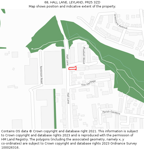 68, HALL LANE, LEYLAND, PR25 3ZD: Location map and indicative extent of plot