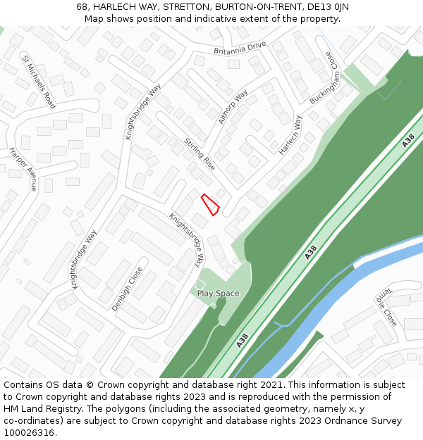 68, HARLECH WAY, STRETTON, BURTON-ON-TRENT, DE13 0JN: Location map and indicative extent of plot