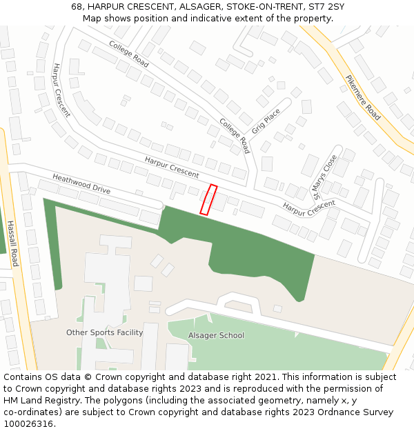 68, HARPUR CRESCENT, ALSAGER, STOKE-ON-TRENT, ST7 2SY: Location map and indicative extent of plot