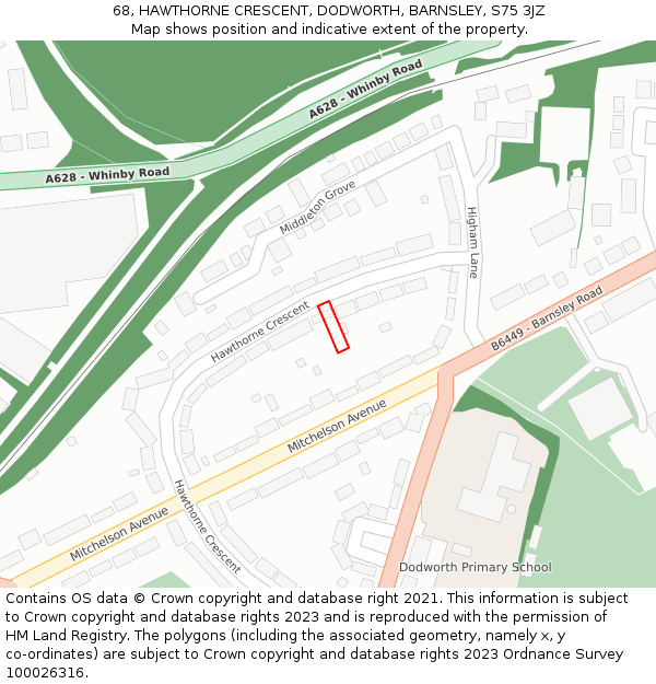 68, HAWTHORNE CRESCENT, DODWORTH, BARNSLEY, S75 3JZ: Location map and indicative extent of plot