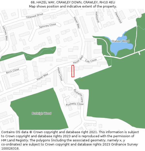 68, HAZEL WAY, CRAWLEY DOWN, CRAWLEY, RH10 4EU: Location map and indicative extent of plot