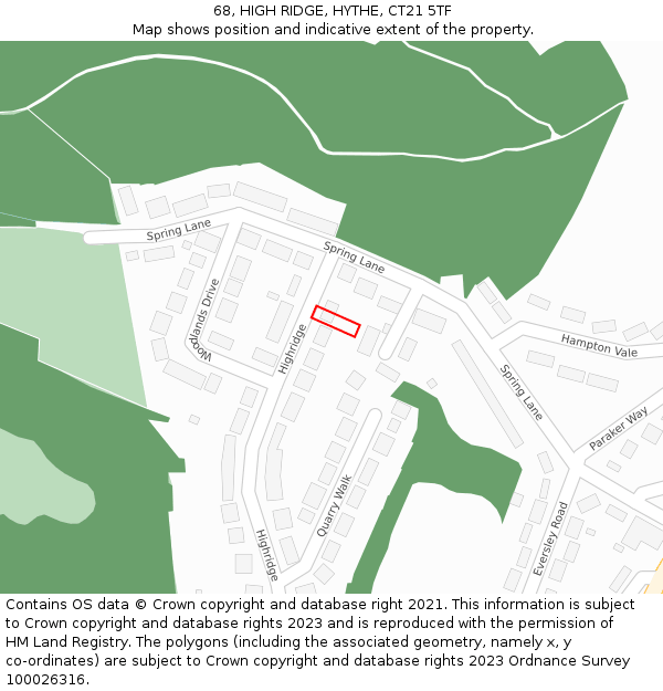 68, HIGH RIDGE, HYTHE, CT21 5TF: Location map and indicative extent of plot