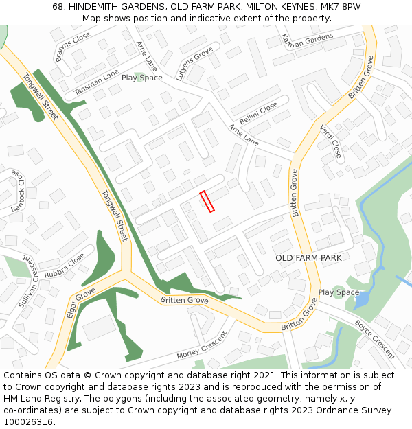 68, HINDEMITH GARDENS, OLD FARM PARK, MILTON KEYNES, MK7 8PW: Location map and indicative extent of plot