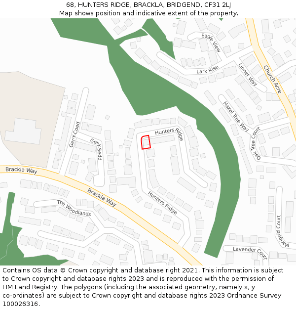68, HUNTERS RIDGE, BRACKLA, BRIDGEND, CF31 2LJ: Location map and indicative extent of plot