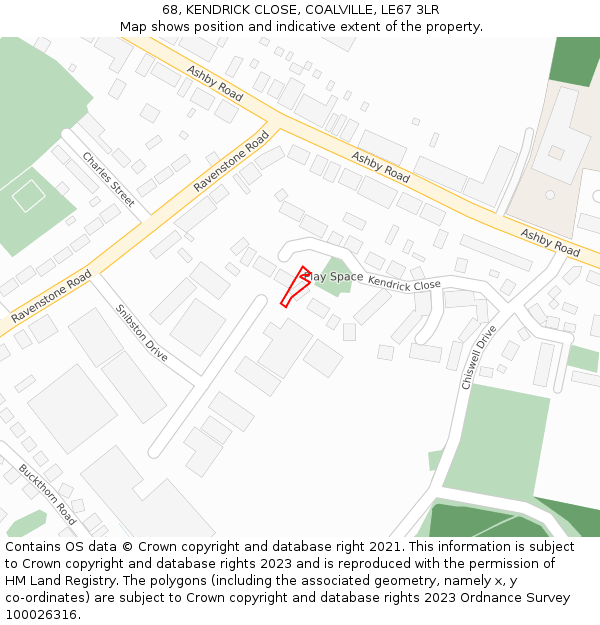 68, KENDRICK CLOSE, COALVILLE, LE67 3LR: Location map and indicative extent of plot