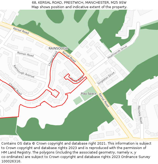 68, KERSAL ROAD, PRESTWICH, MANCHESTER, M25 9SW: Location map and indicative extent of plot