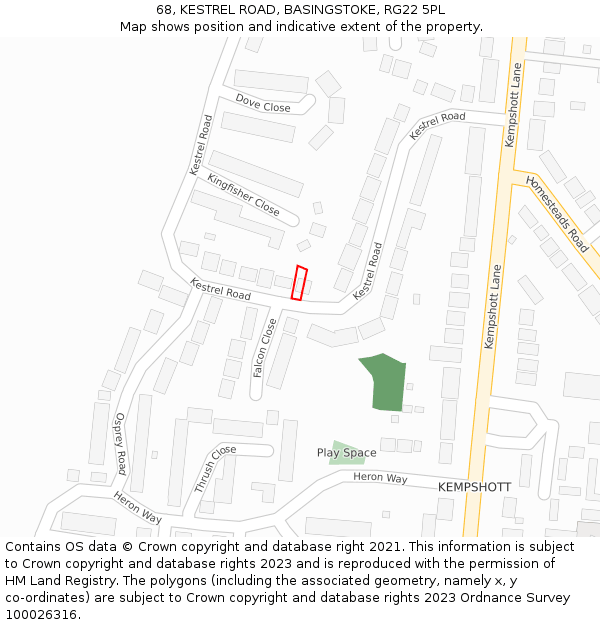 68, KESTREL ROAD, BASINGSTOKE, RG22 5PL: Location map and indicative extent of plot