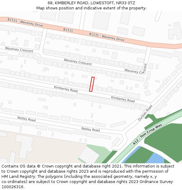 68, KIMBERLEY ROAD, LOWESTOFT, NR33 0TZ: Location map and indicative extent of plot