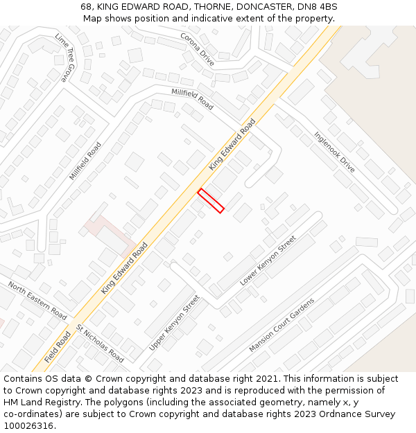 68, KING EDWARD ROAD, THORNE, DONCASTER, DN8 4BS: Location map and indicative extent of plot