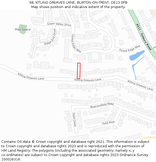 68, KITLING GREAVES LANE, BURTON-ON-TRENT, DE13 0PB: Location map and indicative extent of plot