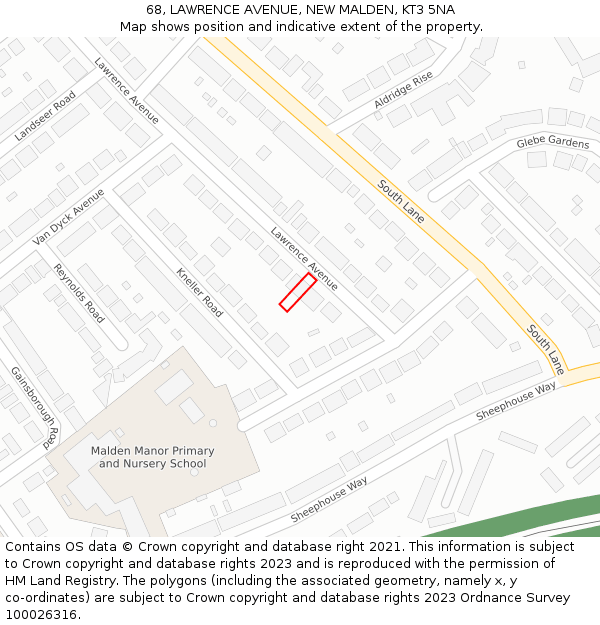 68, LAWRENCE AVENUE, NEW MALDEN, KT3 5NA: Location map and indicative extent of plot