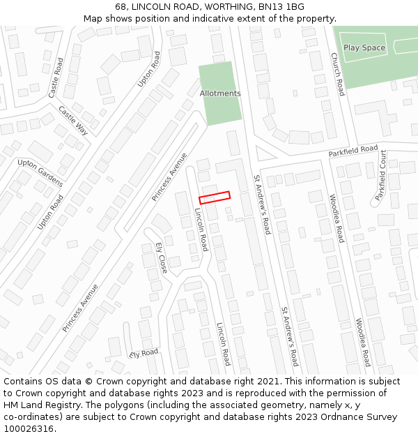 68, LINCOLN ROAD, WORTHING, BN13 1BG: Location map and indicative extent of plot