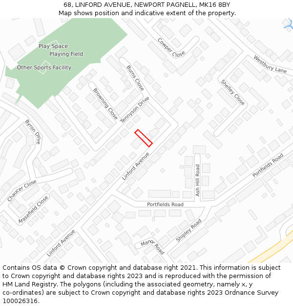 68, LINFORD AVENUE, NEWPORT PAGNELL, MK16 8BY: Location map and indicative extent of plot
