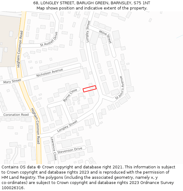 68, LONGLEY STREET, BARUGH GREEN, BARNSLEY, S75 1NT: Location map and indicative extent of plot