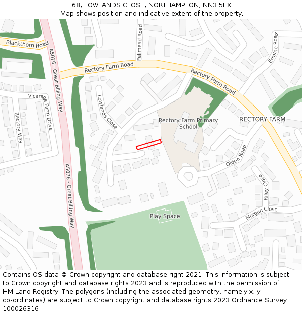 68, LOWLANDS CLOSE, NORTHAMPTON, NN3 5EX: Location map and indicative extent of plot