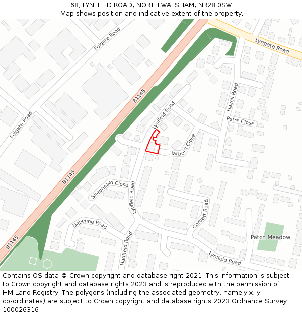 68, LYNFIELD ROAD, NORTH WALSHAM, NR28 0SW: Location map and indicative extent of plot
