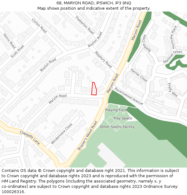 68, MARYON ROAD, IPSWICH, IP3 9NQ: Location map and indicative extent of plot
