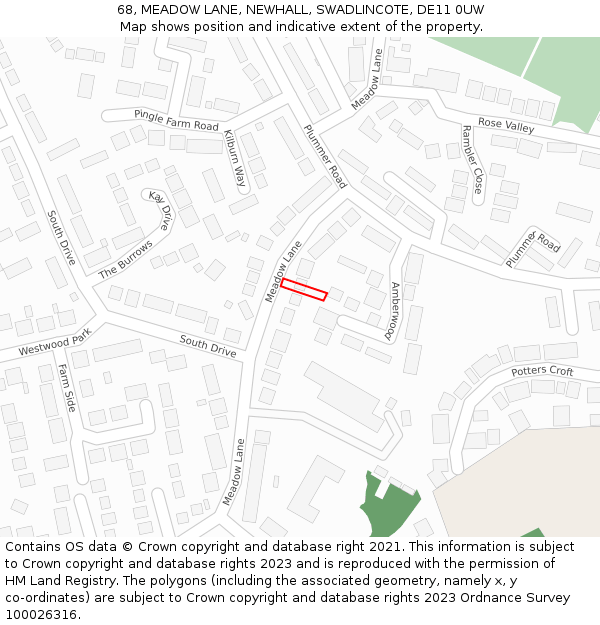68, MEADOW LANE, NEWHALL, SWADLINCOTE, DE11 0UW: Location map and indicative extent of plot