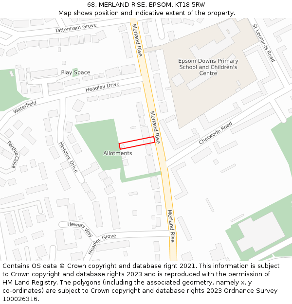 68, MERLAND RISE, EPSOM, KT18 5RW: Location map and indicative extent of plot