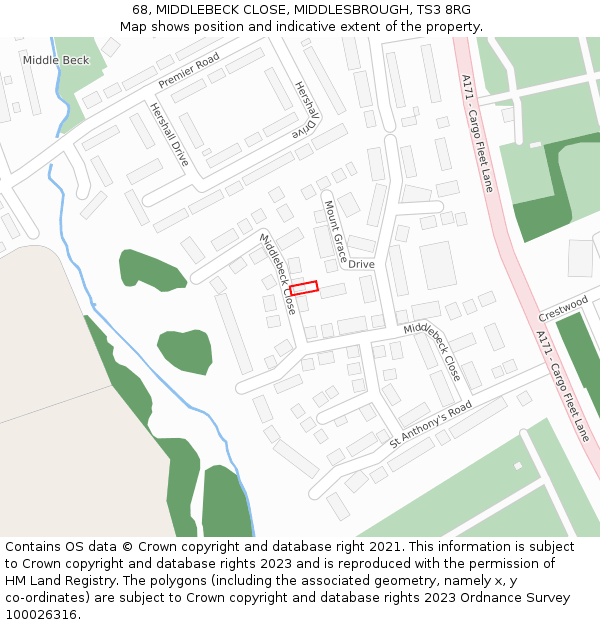 68, MIDDLEBECK CLOSE, MIDDLESBROUGH, TS3 8RG: Location map and indicative extent of plot