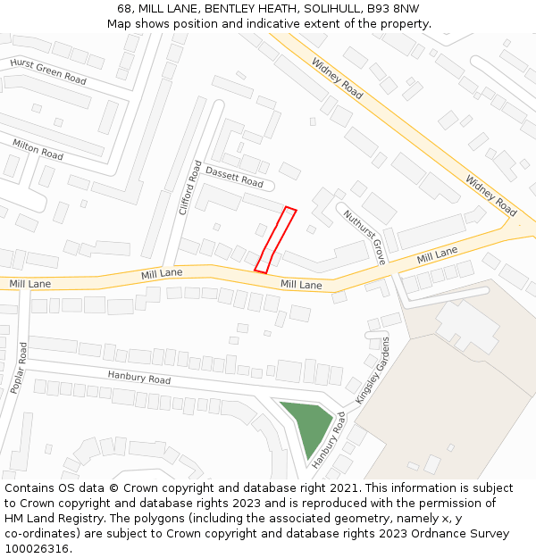 68, MILL LANE, BENTLEY HEATH, SOLIHULL, B93 8NW: Location map and indicative extent of plot