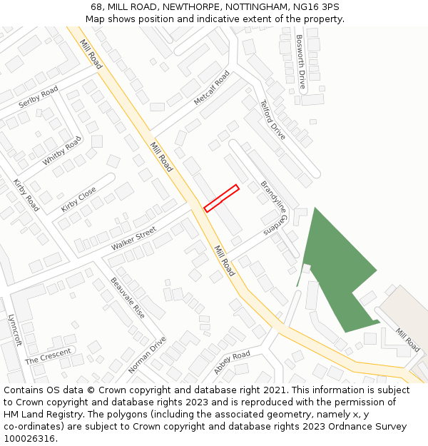 68, MILL ROAD, NEWTHORPE, NOTTINGHAM, NG16 3PS: Location map and indicative extent of plot