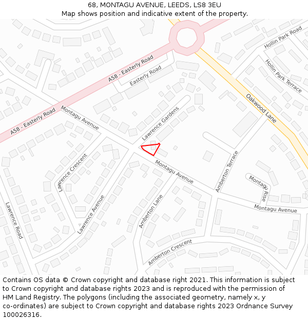 68, MONTAGU AVENUE, LEEDS, LS8 3EU: Location map and indicative extent of plot