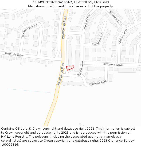 68, MOUNTBARROW ROAD, ULVERSTON, LA12 9NS: Location map and indicative extent of plot
