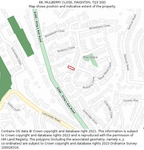 68, MULBERRY CLOSE, PAIGNTON, TQ3 3GD: Location map and indicative extent of plot
