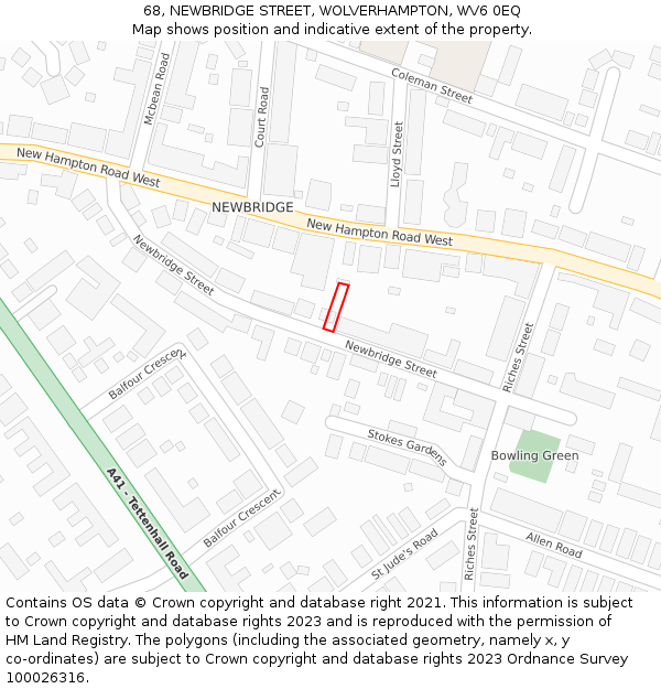 68, NEWBRIDGE STREET, WOLVERHAMPTON, WV6 0EQ: Location map and indicative extent of plot