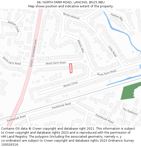 68, NORTH FARM ROAD, LANCING, BN15 9BU: Location map and indicative extent of plot