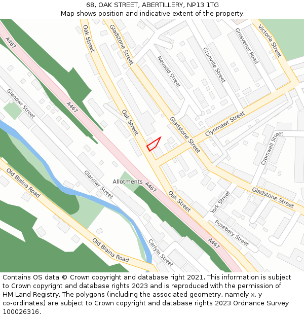 68, OAK STREET, ABERTILLERY, NP13 1TG: Location map and indicative extent of plot