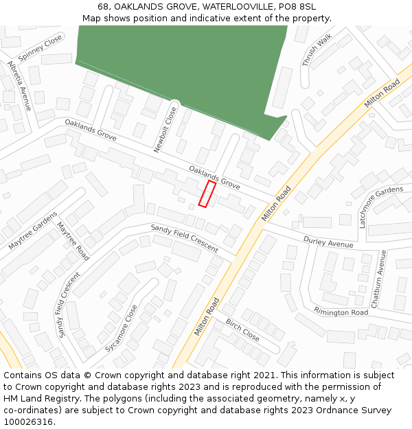 68, OAKLANDS GROVE, WATERLOOVILLE, PO8 8SL: Location map and indicative extent of plot