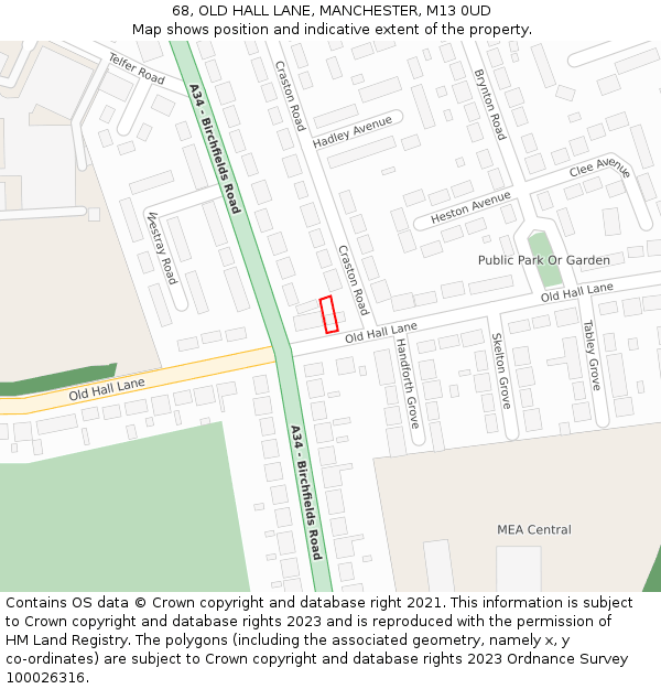 68, OLD HALL LANE, MANCHESTER, M13 0UD: Location map and indicative extent of plot