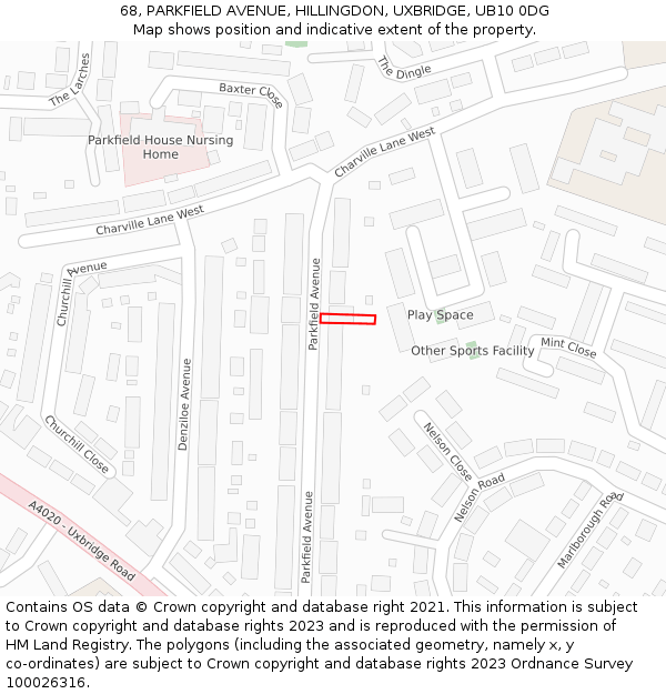 68, PARKFIELD AVENUE, HILLINGDON, UXBRIDGE, UB10 0DG: Location map and indicative extent of plot