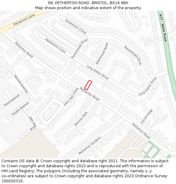 68, PETHERTON ROAD, BRISTOL, BS14 9BX: Location map and indicative extent of plot
