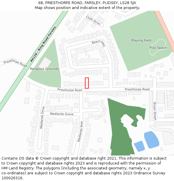 68, PRIESTHORPE ROAD, FARSLEY, PUDSEY, LS28 5JX: Location map and indicative extent of plot