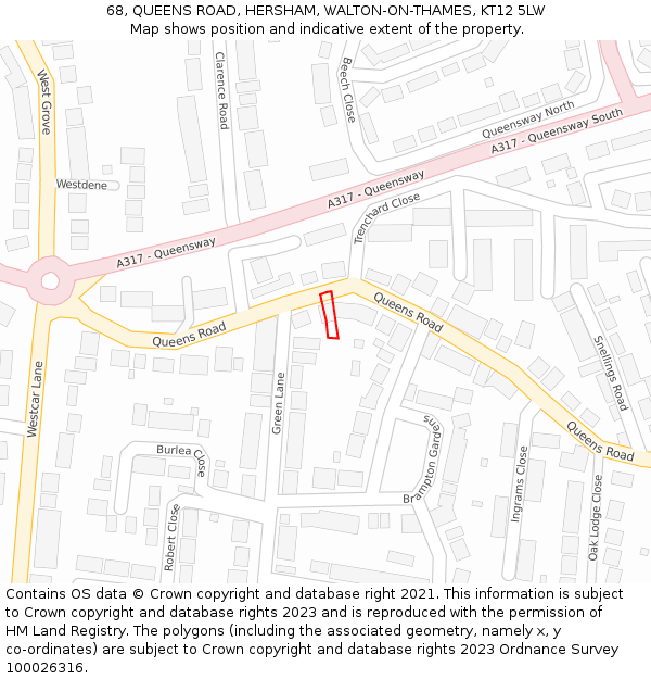68, QUEENS ROAD, HERSHAM, WALTON-ON-THAMES, KT12 5LW: Location map and indicative extent of plot