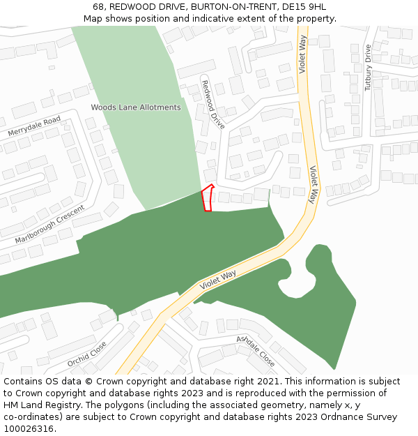 68, REDWOOD DRIVE, BURTON-ON-TRENT, DE15 9HL: Location map and indicative extent of plot