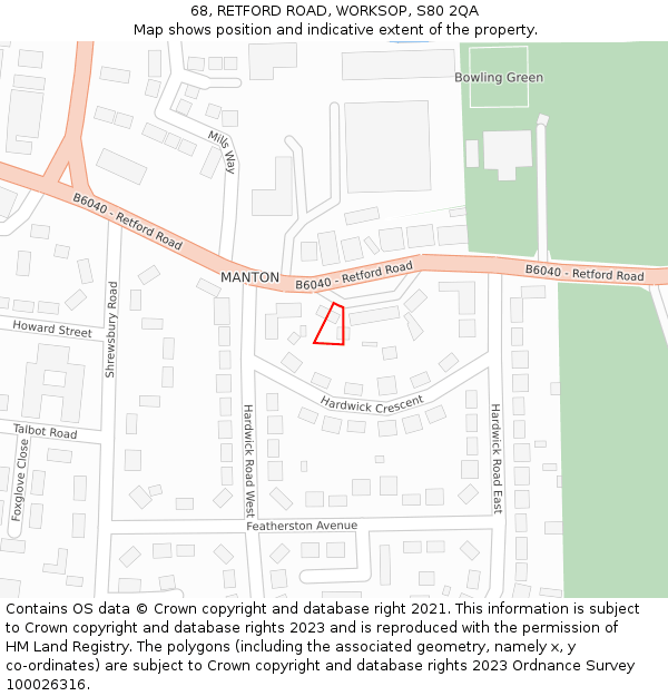 68, RETFORD ROAD, WORKSOP, S80 2QA: Location map and indicative extent of plot