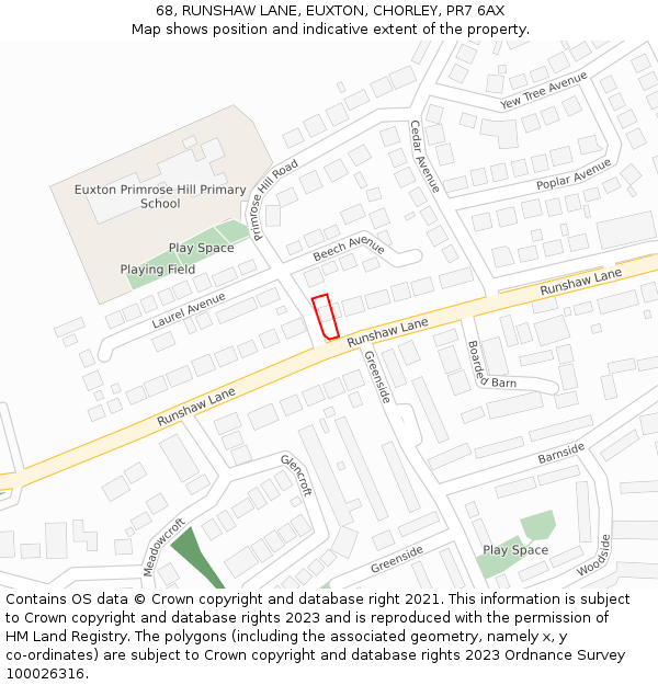 68, RUNSHAW LANE, EUXTON, CHORLEY, PR7 6AX: Location map and indicative extent of plot