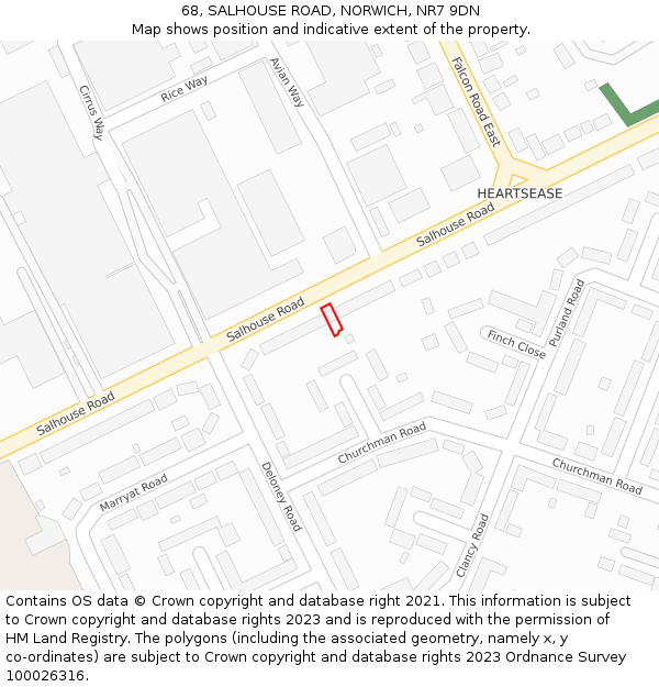 68, SALHOUSE ROAD, NORWICH, NR7 9DN: Location map and indicative extent of plot