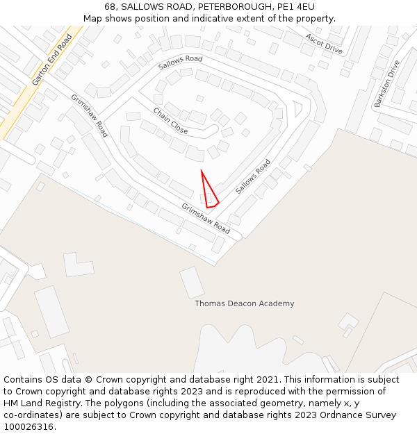 68, SALLOWS ROAD, PETERBOROUGH, PE1 4EU: Location map and indicative extent of plot