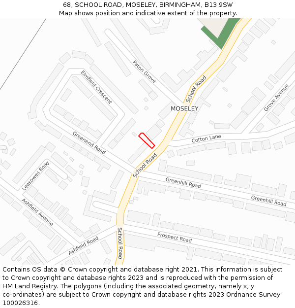 68, SCHOOL ROAD, MOSELEY, BIRMINGHAM, B13 9SW: Location map and indicative extent of plot