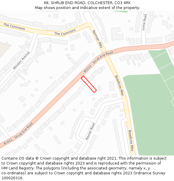 68, SHRUB END ROAD, COLCHESTER, CO3 4RX: Location map and indicative extent of plot